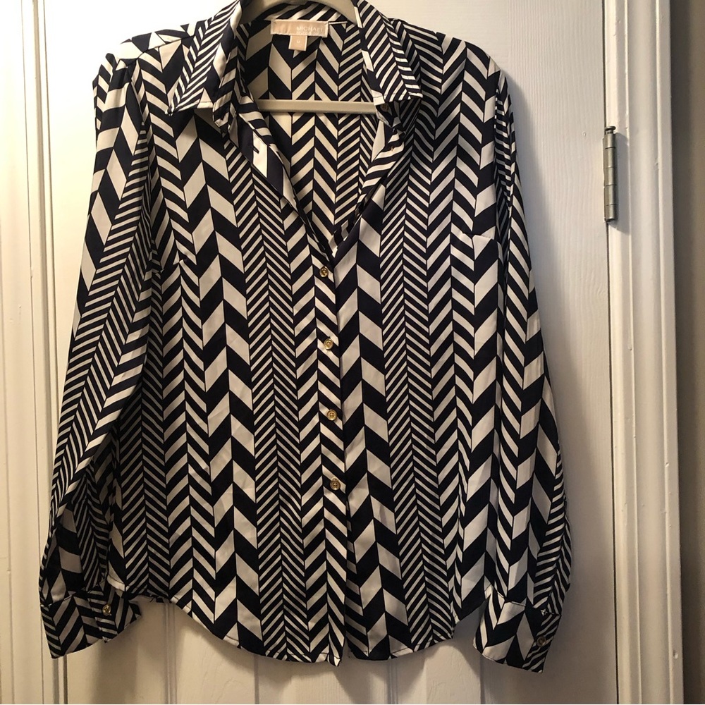 Michael Kors white and navy long sleeve shirt size medium silky